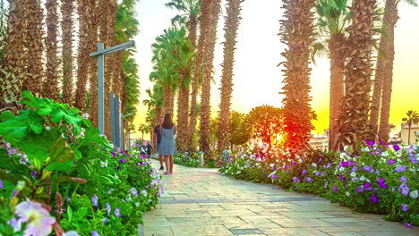 Timelapse-Of-People-Walking-In-The-Path-Between-Flowers-And-Palm-Trees-In-Sunrise