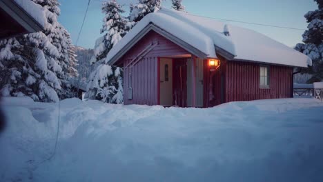 Alaskan-Malamute-Dog-On-Leash-Running-In-The-Snow-Near-The-Cabin