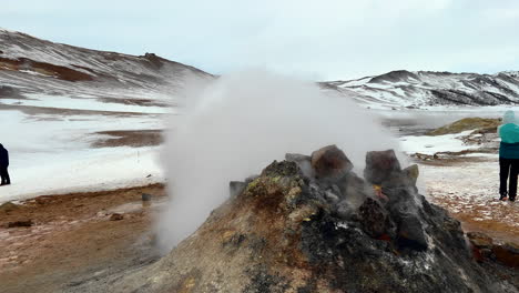 Mývatn-Geothermal-Site-Area-in-Iceland,-Natural-Volcanic-Fumarole-Crater-Rock-Steaming,-Vapor-Gas-and-Thermal-Heat,-Tourist-Geological-Attraction-in-Winter