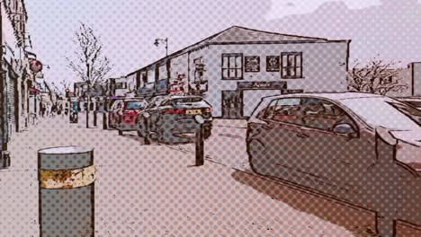 Comic-pop-art-quiet-British-town-high-street-with-pedestrians,-vehicles