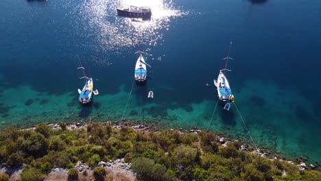 Aerial-view-above-yachts-tied-to-shore-in-Miljet-island-Croatia
