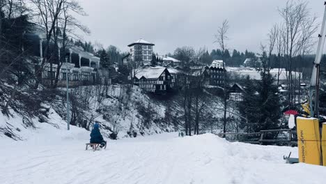child-tobogganing-alone-on-a-wooden-sled-down-the-mountain-without-other-people-with-wlad-and-houses-in-the-background