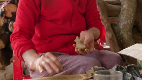 A-close-up-shot-of-an-Asian-woman-crafting-animal-figures-in-clay-for-souvenir-flutes-in-Thanh-Ha,-showcasing-the-local-tourism-industry
