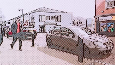 Cartoon-pop-art-quiet-British-town-high-street-with-pedestrians,-vehicles