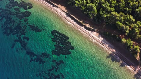 Scenic-aerial-view-at-Aegean-coastline-of-Turkey,-Reşadiye-peninsula,-Gereme-beach