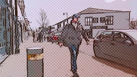 Cartoon-pop-art-quiet-British-town-high-street-with-pedestrians-walking,-vehicles