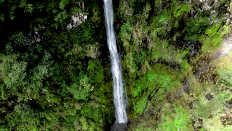 Beautiful-long-waterfall-amongst-lush-green-forest,-Madiera,-Portugal,-Aerial