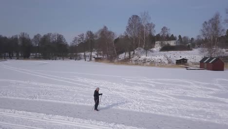 Luftaufnahme-Einer-Alleinstehenden-Frau,-Die-Einen-Aktiven-Und-Gesunden-Lebensstil-Verfolgt,-Indem-Sie-Übungen-In-Form-Von-Speedwalking-Mit-Skistöcken-über-Dem-Zugefrorenen-See-Macht