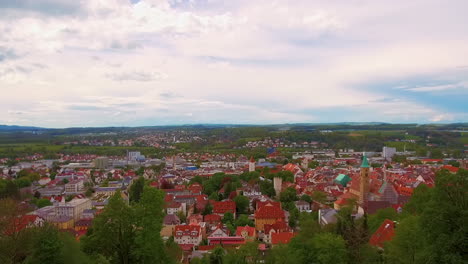 Panoramic-view-of-Ravensburg-and-Weingarten-at-daytime,-Baden-Wurttemberg,-Upper-Swabia,-Germany---View-from-Veitsburg-Castle-over-the-Old-Town