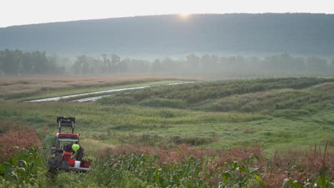 As-the-camera-moves-to-the-right,-it-reveals-the-sun-rising-over-a-mountain-in-the-distance,-as-a-farmer-adjusts-baskets-of-corn-on-his-tractor’s-flatbed-in-a-cornfield