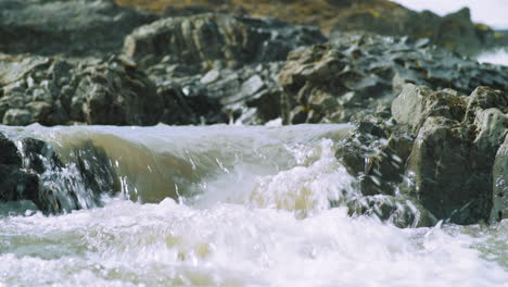 Close-up-water-stream-river-near-Godafoss,-Iceland