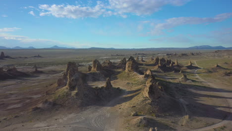 Fly-over-drone-footage-of-Trona-Pinnacles,-a-dramatic-landscape-in-California-near-Death-Valley