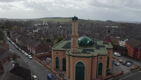 Aerial-view-of-Gilani-Noor-Mosque-in-Longton,-Stoke-on-Trent,-Staffordshire,-the-new-Mosque-being-built-for-the-growing-muslim-community-to-worship-and-congregate
