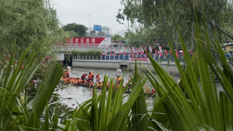 Vista-Del-Pueblo-Chino-Remar-Y-Tocar-Tambores-En-Un-Bote-Dragón-Durante-El-Festival-Del-Bote-Dragón-En-El-Centro-De-Guangzhou-Desde-Detrás-De-Las-Plantas-Verdes,-Guangdong,-China