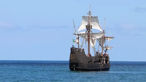 Flagship-Maneuver-Replica-Of-The-La-Santa-María-De-La-Inmaculada-Concepción-Or-La-Santa-María,-Originally-La-Gallega,-Captained-By-Christopher-Columbus-First-Voyage-Across-The-Atlantic-Ocean-In-1492