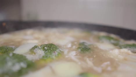 Extreme-close-up-slow-motion-Vegetable-soup-boiling-pan-in-pot-broth-movement