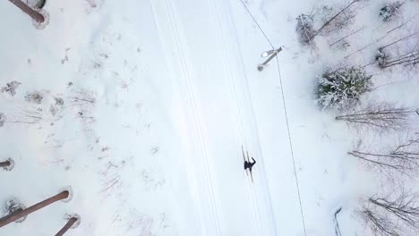 Aerial-top-down-view,-cross-country-skiing-in-winter-forest