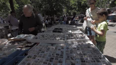 Kleiner-Junge-Wählt-Mineralien-Aus,-Die-Er-An-Einem-Marktstand-In-Madrid-Kaufen-Möchte