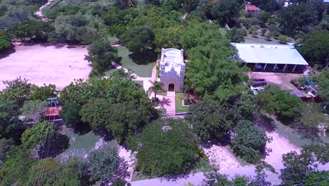 aerial-view-of-a-church-in-an-old-henequen-hacienda-in-the-state-of-Yucatan,-Mexico