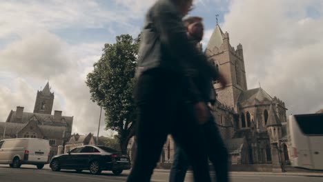 Traffic-outside-ancient-cathedral-in-Europe