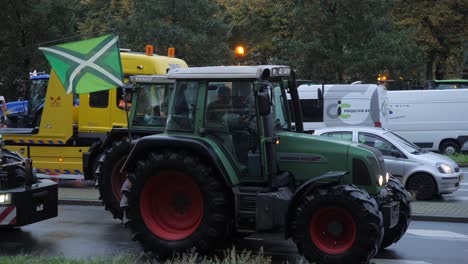 Tractors-on-the-public-road-at-Malieveld,-The-Hague-during-the-farmers-protests-in-October,-2019