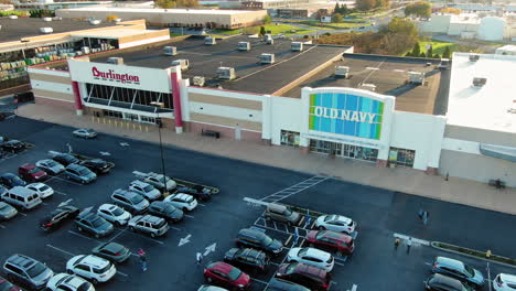 High-aerial-drone-view-of-retail-shopping:-Best-Buy,-Old-Navy,-Burlington