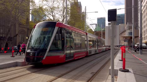 Brand-new-Sydney-Tram-in-Testing-in-the-heart-of-the-city-CBD-near-Town-Hall-and-Queen-Victoria-Building