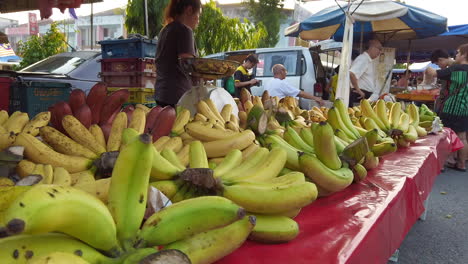 Multi-colour-of-bananas-display-on-the-table-with-two-men-standing-both-side