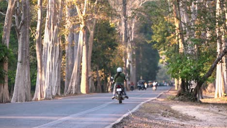 Zeitraffer-Von-Fahrzeugen-Auf-Einer-Schmalen-Kreisstraße-In-Der-Nähe-Von-Angkor-Wat-Mit-Bäumen-Auf-Beiden-Seiten