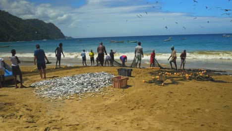 Fischer-Packen-Ihr-Fischernetz-Weg,-Nachdem-Sie-Auf-Der-Insel-Tobago-In-Der-Karibik-Einen-Erstaunlichen-Schleppnetzfischfang-Gemacht-Haben