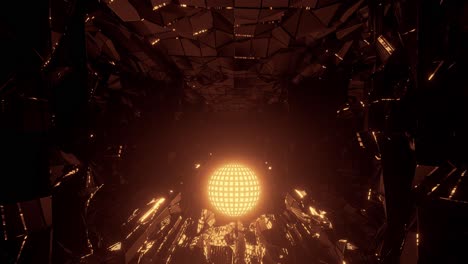 Golden-disco-ball-form-shining-the-way-forward-in-broken-glass-reflecting-surface-architecture,-rendered-3d-graphic-animation