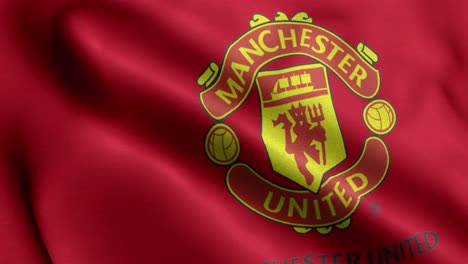 Bucle-Animado-De-Primer-Plano-De-4k-De-Una-Bandera-Ondeante-Del-Equipo-De-Manchester-United-De-Premier-League-Football-Soccer-En-El-Reino-Unido