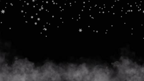 Snowflakes-of-various-shapes-falling-on-black-background-with-ground-fog-and-mist-3D-animation