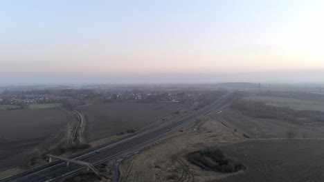 Aerial-view-overlooking-M62-British-motorway-countryside