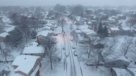 drone-shot-of-snow-covered-town-Westerville-Ohio