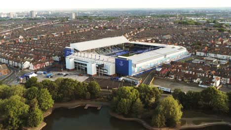 Iconic-Goodison-park-EFC-Liverpool-football-ground-stadium-aerial-view-Everton-slow-descend-pull-back