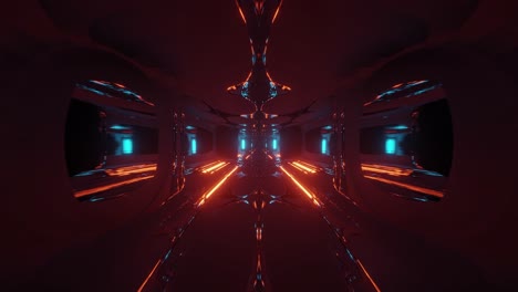 Motion-graphics-of-highly-immersive-and-reflective-dark-space-with-blue-and-orange-LEDs-illuminating-it