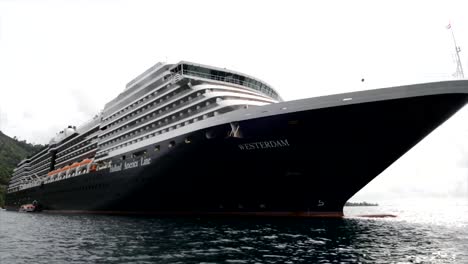 Cruise-ship-anchored-in-Opunohu-Bay,-Moorea-island,-French-Polynesia