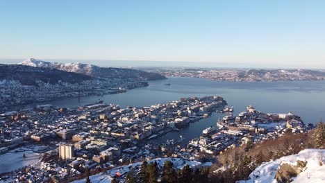 Aerial-shot-from-Snow-covered-mountain-walkway-through-Beautiful-Bergen-Background