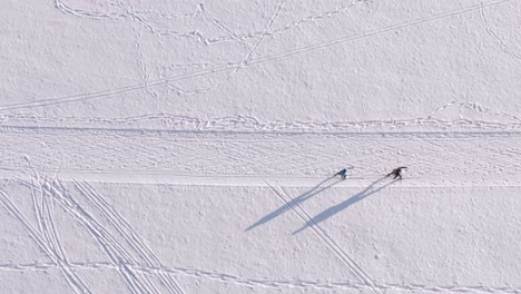 Skking-from-above---top-shot-of-a-drone-looking-down-at-a-skiing-couple-at-a-beautiful-winter-day-at-a-snow-track