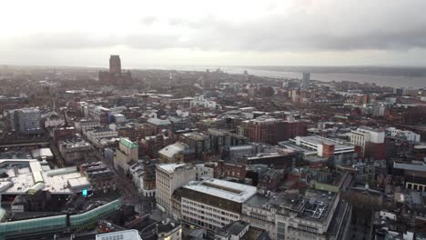 Aerial-view-across-iconic-Liverpool-Cathedral-city-skyline-empty-streets-during-corona-virus-pandemic