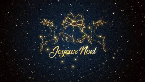 Beautiful-Seasonal-animated-motion-graphic-of-reindeers-and-bells-depicted-in-glittering-particles-on-a-starry-background,-with-the-seasonal-message-�Joyeux-Noel�-appearing