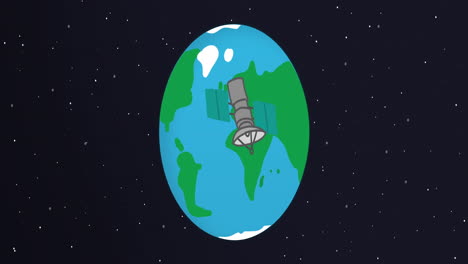 Dibujos-Animados-Planeta-Tierra-Girando,-Satélite-Orbital-Vuela,-Animación