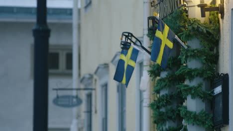 Swedish-flags-at-the-entrance-of-a-hotel-in-Hedemora-during-the-covid-19-pandemic