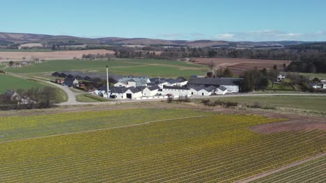 Luftaufnahme-Der-Whiskybrennerei-Fettercairn-An-Einem-Sonnigen-Frühlingstag,-Aberdeenshire,-Schottland