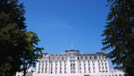 Tilt-down-shot-of-The-stylish-Casino-of-Annecy,-France