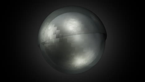 Animation-of-a-carbon-fiber-textured-sphere-rotating-and-covered-with-two-orbiting-grey-dirty-glass-hemispheres-reflecting-the-environment