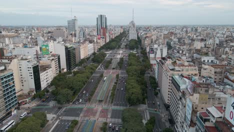 Aerial-view-of-Buenos-Aires's-9-de-Julio-avenue-revealing-city-buildings-and-horizon