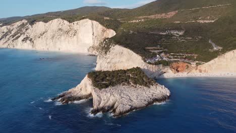 Beautiful-dramatic-coastline-of-Porto-Katsiki-on-Lefkada-Island,-Greece,-aerial