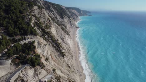 Aftermath-of-big-earthquake-and-landslide-on-Egremni-Beach,-Lefkada,-Greece,-aerial